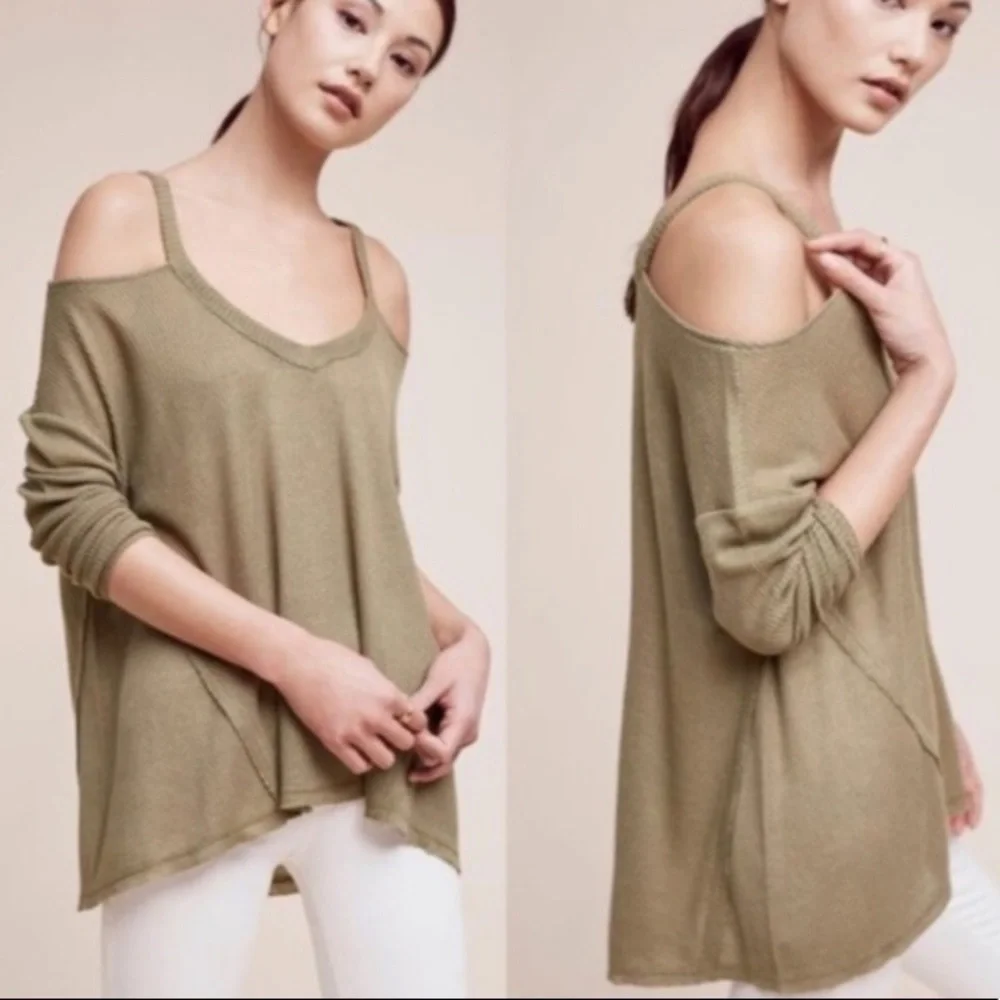 Anthropologie Deletta Green Cold Shoulder Sweater